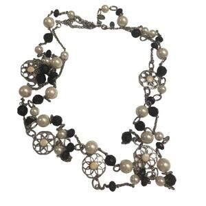 Lia Sophia Black Bead and Faux Pearl Silver Tone Double Necklace